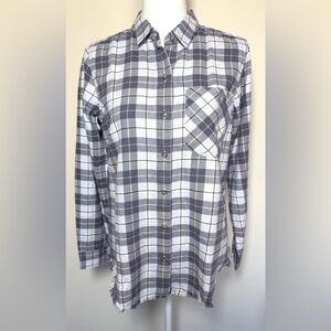 NWT Eddie Bauer Women's Gray Baby Blue Plaid Button Down Shirt Small